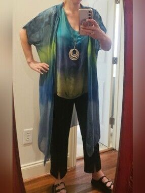 Hand-Dyed Blue Green Ombre Kimono Cardigan | Long Sheer Duster | Artisan Wrap